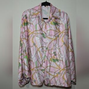 BeulahStyle Baroque Satin Button-up Shirt Pink Gold Green Women's One Size